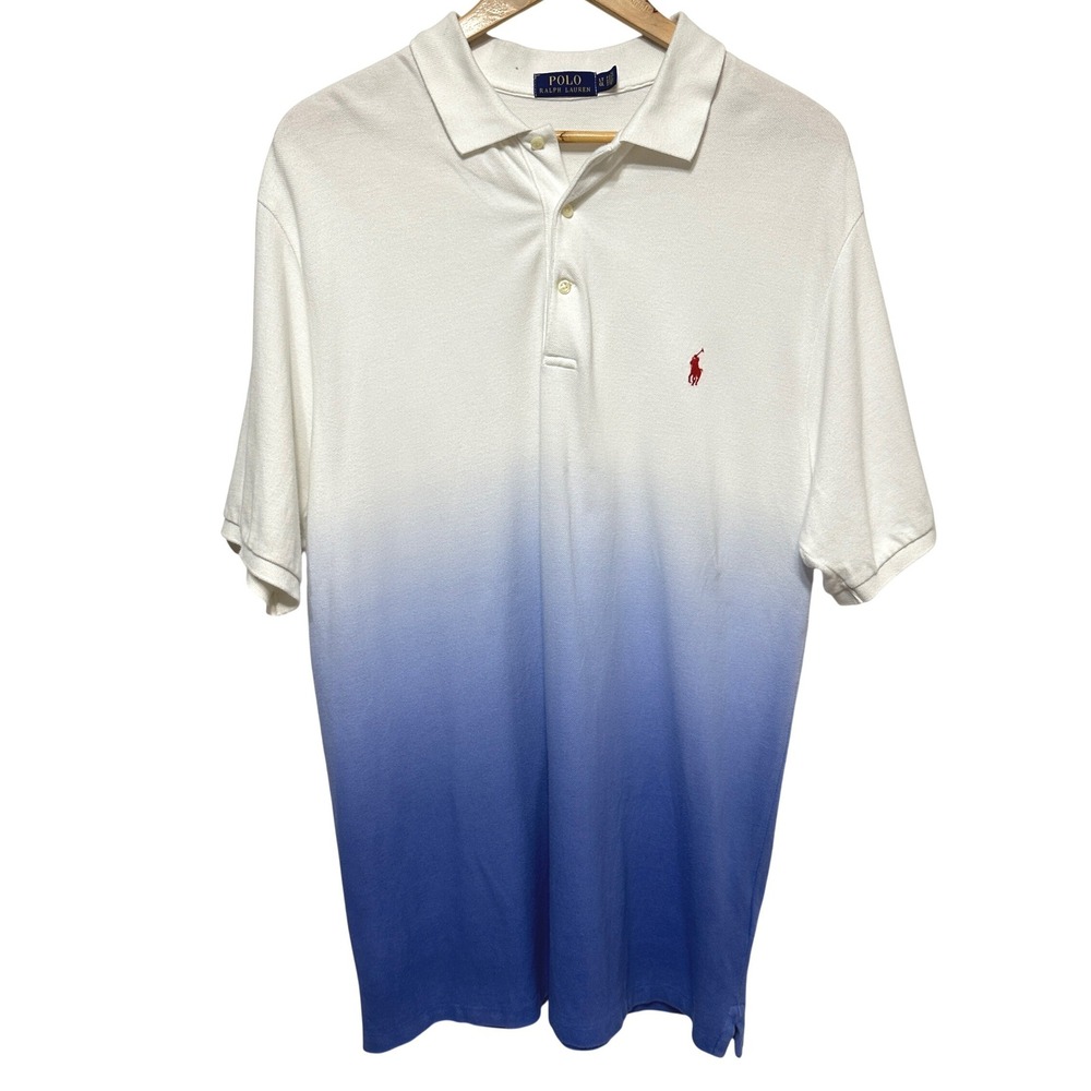 Polo Ralph Lauren Mens Large Tall White Blue Dip Dye Ombre Polo Shirt LT Preppy